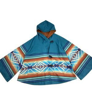 Aztec Southwest Western Poncho Hooded Coat Blue Tan XL XXL XXL Beth Dutton